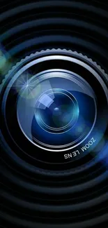 Abstract camera lens wallpaper with zoom effect in blue and black tones.