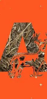 Orange mobile wallpaper with camo letter 'A' and deer silhouette.