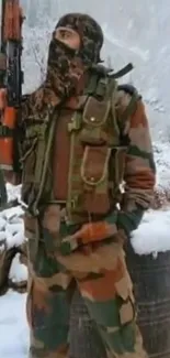 Camouflaged soldier stands in snowy landscape, holding weapon, expressing readiness.