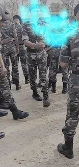 Soldiers in camo with neon blue glow effect.