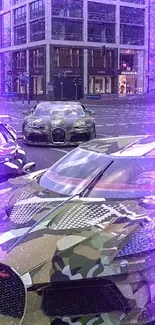 Three camo-painted supercars on a city street, showcasing luxury and style.