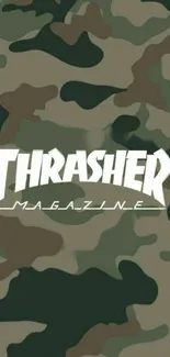 Thrasher camouflage mobile wallpaper with bold logo and urban style.