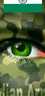 Camouflage face with green eye and army theme emphasizing patriotism.