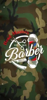 Camouflage pattern with barber shop text and symbols on a mobile wallpaper.