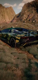 Camouflage sports car parked in mountain scenery.