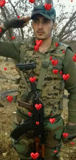 Soldier in camouflage with heart overlays on a scenic background.