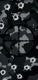 Bullet-riddled camouflage wallpaper with target symbol.