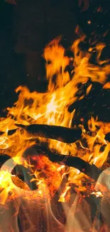 Vibrant campfire with glowing flames at night.