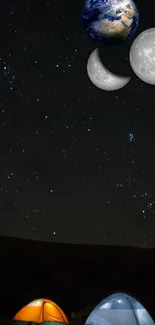 Tents illuminated under a starry night sky with Earth and moon phases visible.