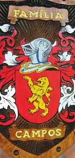 Vibrant Campos family crest with a lion on red shield, adorned with intricate details.