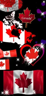 Canada themed wallpaper with flag and symbols on black background.