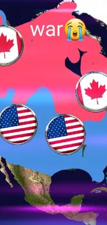 Colorful map of USA vs Canada with flags and emoji.