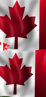 Canadian flag with maple leaf on green leaf background wallpaper.