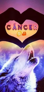 Cancer zodiac wolf with heart symbol wallpaper in vibrant cosmic colors.