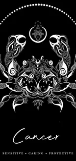 Intricate black and white Cancer zodiac art wallpaper for mobile devices.