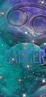 Cancer zodiac wallpaper with cosmic teal and purple hues.