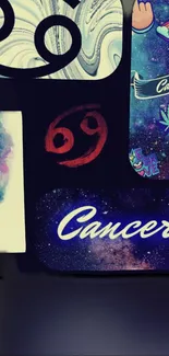 Cancer zodiac themed phone wallpaper with colorful and artistic design elements.