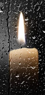 Mobile wallpaper featuring a lit candle behind rain-covered glass.