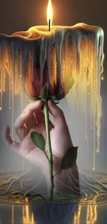 Artistic composition of a glowing candle melting over a hand holding a rose.