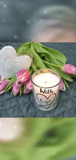 Mobile wallpaper with candle, pink tulips, and heart accents.