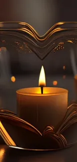 A glowing candle inside a heart-shaped glass container.