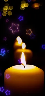 Glowing candle lights with starry effects on a dark background.