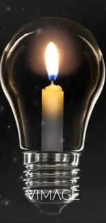 Candle within a lightbulb on dark background.