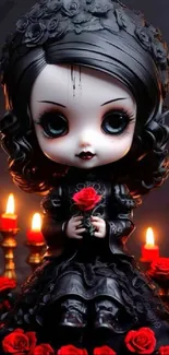 Gothic doll holding a rose with red candles.