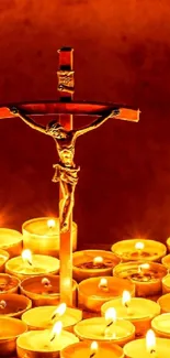 Candlelit cross surrounded by glowing candles on a warm background.