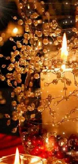 Elegant candlelit scene with crystal decorations and warm glow.