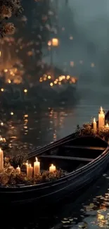 Candlelit gondola gliding on tranquil waters surrounded by glowing lanterns.