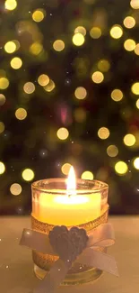 Candle with festive bokeh lights in the background.