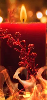 Festive candle with bokeh lights background, exuding warm holiday ambiance.