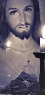 Candlelit Jesus portrait with glowing light and roses.
