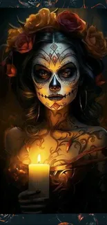 Skeleton face art with candlelight and floral accents.