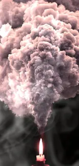 A candle with rising billows of smoke on a black background.