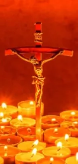 Crucifix surrounded by candlelight in a serene, spiritual setting.