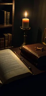 Candlelit scene with vintage books on a wooden table.