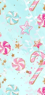 Festive candy cane and star design in light blue background.