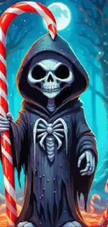 Grim Reaper holding a candy cane in a mystical forest.