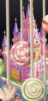 Pink castle with candy elements wallpaper design.