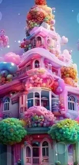 Vibrant pink candy-themed fantasy house in a dreamy landscape.