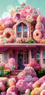 Fantasy candy house with pink donuts and whimsical theme.