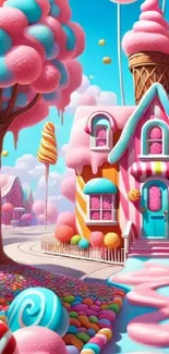 Vibrant candy-themed fantasy house with colorful surroundings.