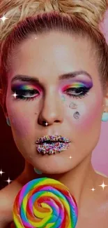 Woman with candy-inspired makeup and a rainbow lollipop.