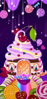 Whimsical candy house under a starry sky in a fantasy wallpaper.