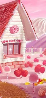 Whimsical pink candyland scene with a candy house and sweets.