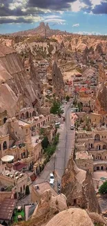 Cappadocia landscape with unique rock formations and historic architecture.