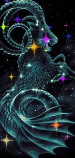 Capricorn zodiac wallpaper with a mystical sea-goat on a starry background in teal.