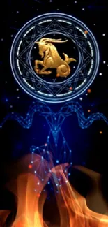 Capricorn zodiac wallpaper with golden goat in celestial circle on dark background.